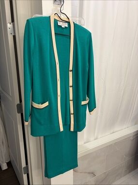 St. John Teal Knit Blazer with Cream Trim SZ 4